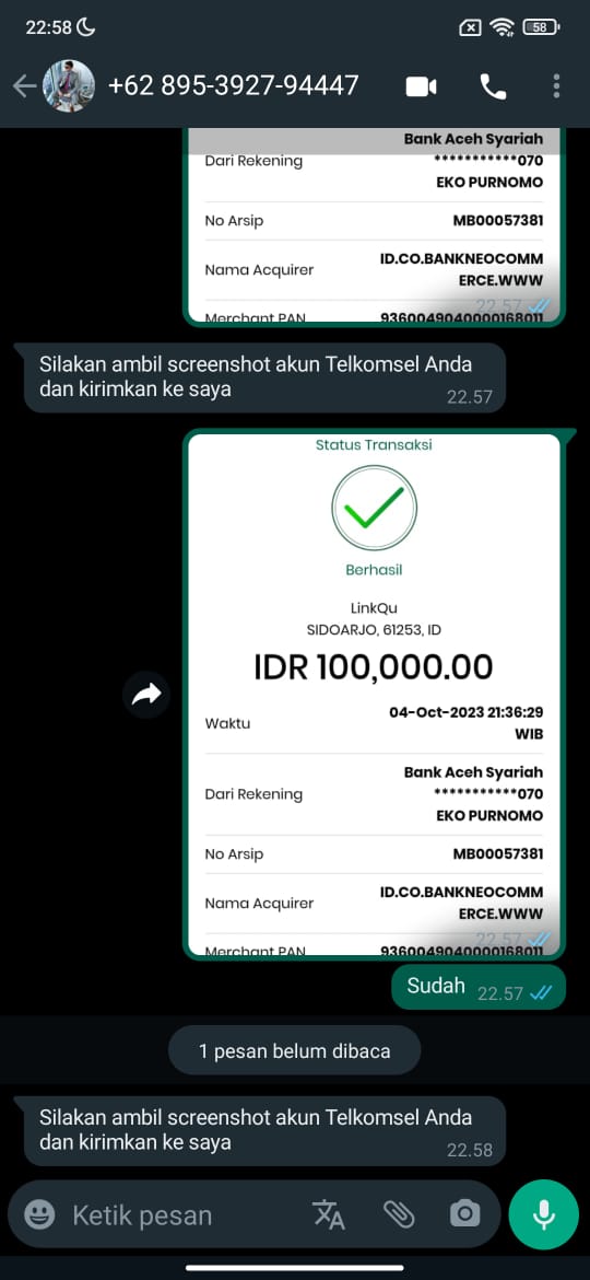Screen shoot korban penipuan
