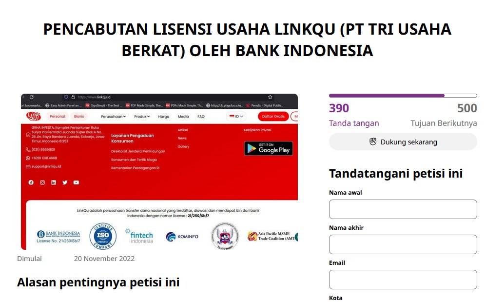 Petisi Cabut Ijin Jasa Transfer dan Investigasi LINKQU