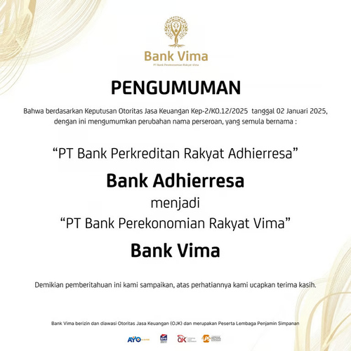 perubahan nama dan logo pt bank perkreditan rakyat adhierresa menjadi pt bank perekonomian rakyat vima (1)
