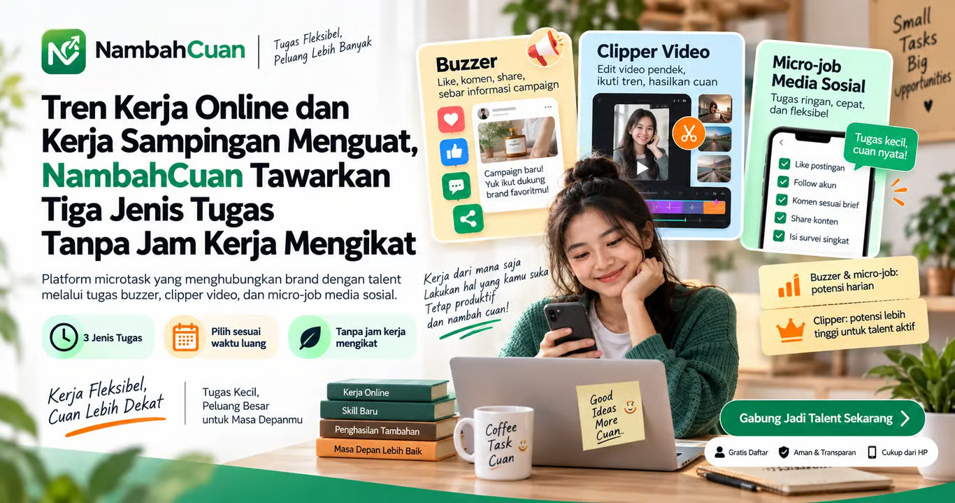 tren kerja online dan kerja sampingan menguat, nambahcuan tawarkan tiga jenis tugas tanpa jam kerja mengikat